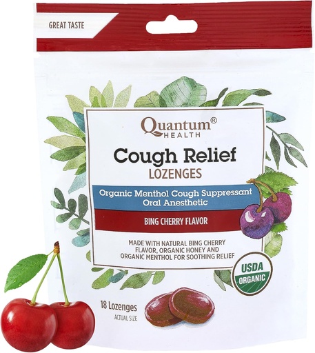[BRSWECQ7DIDQAYA6] Quantum Health USDA Organic Cough Drops Menthol & Honey Throat Lozenges - Soothing Bing Cherry Flavored Suppressant - Dry Mouth & Sore Throat Relief for Adults & Kids - 18 Count