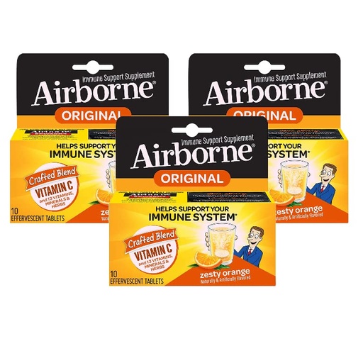 [BRSRMCYLPMFBEA3H] Airborne 1000mg Vitamin C with Zinc Effervescent Tablets, Immune Support Supplement with Powerful Antioxidants Vitamins A C & E - 10 Fizzy Drink Tablets, Zesty Orange Flavor (Zesty Orange (Pack of 3))