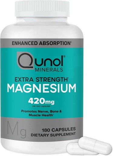 [BRSROGIOA4MWO2A6] Qunol Magneesium Kapslid 420mg, 100% DV, kõrge imendumine Magneesium Supplement, ekstra tugevus, luu ja lihaste tervise täiendus, 180 Count