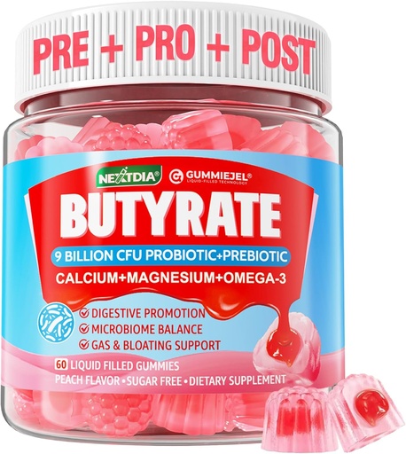 [BRSRAYAKC5YWKDTV] Butyrate Gummies with Probiotic + Prebiotic + Postbiotic, Omega-3 500mg, Fiber with 9 Million CFU Probiotika, Calcium & Magnesium, Inulin, Psyllium Husk for fordøjelsessygdomme, Bloating Support, Sugar Free