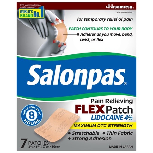 [BRSRMHD5BECAMA3A] Salonpas Maximum OTC Strength Lidocaine 4% Pain Relieving Flex Patch, Apply for Up to 8 Hours, Unscented, Thin, Flexible, Lightweight, Patch Stays in Place, 7 Patches