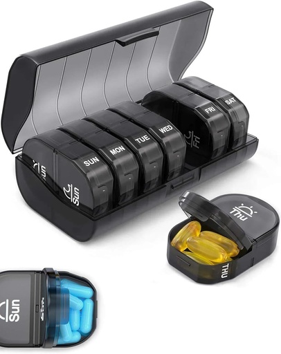 [BRSRAFQCCB6R6HQY] Weekly Pill Organizers, 7-Day AM/PM Medication Planner BPA-Free Vitamin Organizer Capsule Case with 14 Compartments, Arthritis Friendly Portable Pill Container for Medications Vitamins