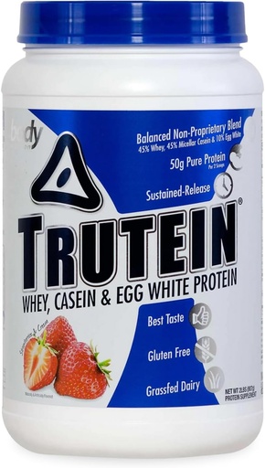 [BRSWKHYPAQGGICI6] Body Nutrition Trutein High Protein Powder: 45% Whey, 45% Casein, 10% Egg White, Gluten-Free, Low Sodium, Grass Fed Whey Protein Powder, Gym Supplement & Breakfast Shake, Strawberries & Cream, 2lb