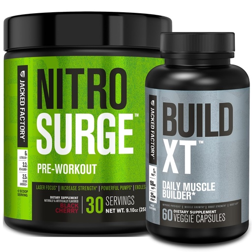 [BRSRMATRAB5BAC3A] Jacked Factory Nitrosurge Pre-Workout in Black Cherry & Build XT Muscle Building Bundle for Men & Women