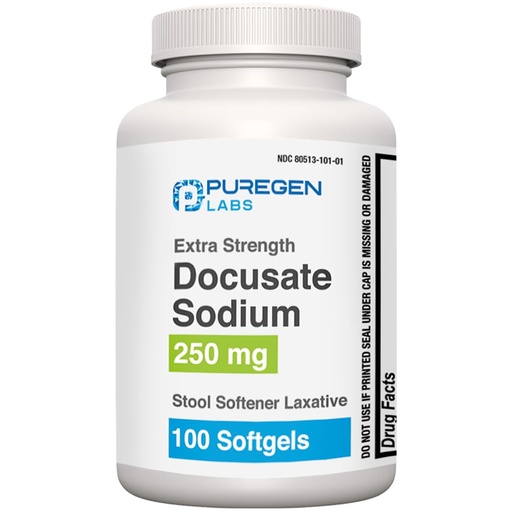 [BRSW2EAZOEPBGCY2] Puregen Labs Docusate Sodium 250mg Stool Softener Laxative | 100 softgels | Gentle Constipation Relief | Extra Strength | Stimulant Free