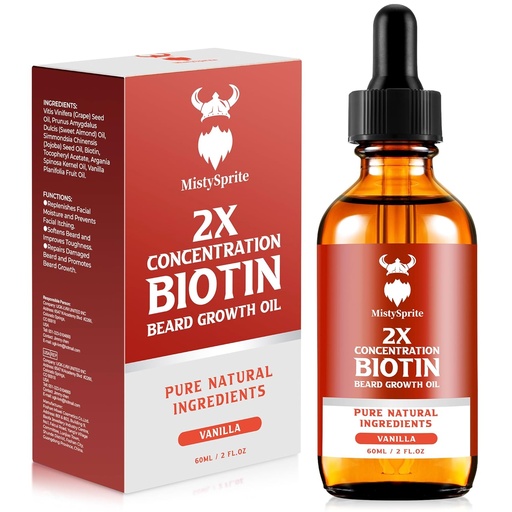 [BRSRAFIYOAFQEHQ4] Beard Growth Oil - 2X Concentration Biotin for Men (2 oz) - Natural With Argan, Jojoba and Vitamin, Growth Softener, Moisturizer (Vanilla)