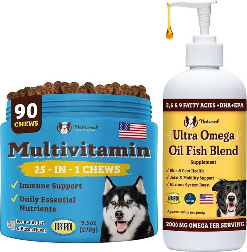 [BRSRAEA3DJYQEAY4] Natural Dog Company Multivitamin Chews and Ultra Omega Oil for Active Dogs - Nutrient-Rich Dog Treats with Omega-3 and Essential Vitamins, Supports Cognitive Health and Overall Vitality for All Breeds