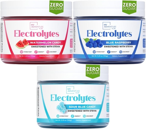 [BRSRAAA5B4GQYEYZ] My Adventure to Fit Refreshing Hydration Electrolytes Powder with Zero Sugar, Bundle, Watermelon Candy & Sour Blue & Blue Raspberry Flavors