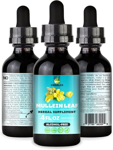 [BRSW2FAEOV4GE3TZ] Undelio's Herbal Mullein Leaf Extract - Organic & Alcohol-Free Tincture for Respiratory, Lung, Sleep & Digestive Support - Non-GMO, Vegan - 4 fl. Oz for Immune Health & Lung Detox