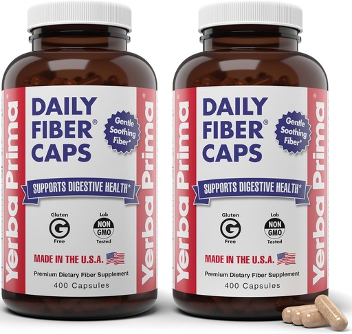 [BRSROBD2OF6BQ3TZ] Yerba Prima Daily Fiber Caps Formula 400 Capsules (Pack of 2) - Both Soluble/Insoluble Fiber with Psyllium Seed Husks, Acacia Gum, Apple Fiber Supplement