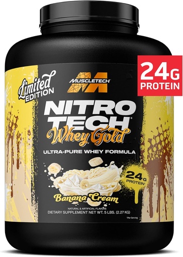 [BRSRAFQQPMCRQALG] MuscleTech Whey Protein Powder (Banana Cream, 5LB) - Nitro-Tech Whey Protein Isolate Smoothie Mix für Lean Muscle & Fast Recovery - 24g Whey Gold Protein für Damen und Herren - Glutenfrei