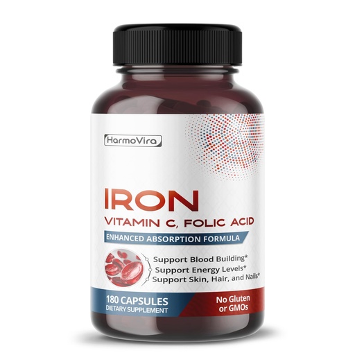 [BRSRAGLYDJ5WGGYY] Liposomal Iron with Vitamin C, Folic Acid, B12, B6, B1 – Support Energy & Red Blood Cell Formation – Gentle Formula – 180 Capsules – Non-GMO, Gluten-Free