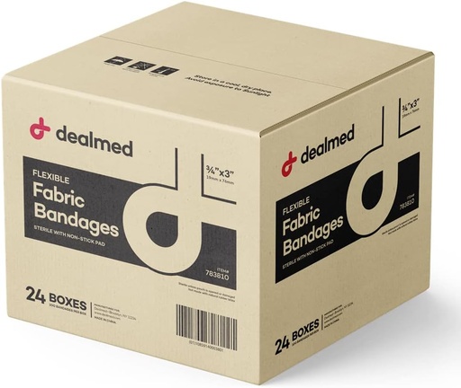 [BRSWGGT4B5YAMHIU] Dealmed Fabric Flexible Adhesive Bandages – 100 Count (24 Pack) Bandages with Non-Stick Pad, Latex Free, Wound Care for First Aid Kit, 3" x 3/4"