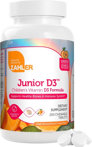 [BRSWYGDYBEFRSCT7] Zahler Junior D3 Vitamins 1000 IU - Chewable Vitamin D3 for Kids to Support Bone, Teeth & Immune Health - Kosher Kids Orange Flavor - 250 Count.