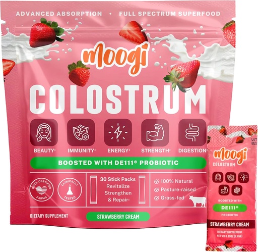 [BRSRAEAQBMMWK2A6] Moogi™ Premium Colostrum Powder (Strawberry Cream/30 Stick Pack) | Bovine Colostrum Powder for Women & Men with DE111® Probiotic | Grass Fed Colostrum Supplement for Gut Health, Immunity, Skin & Hair