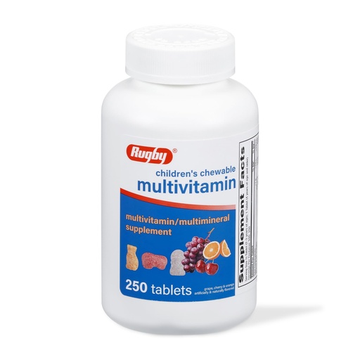 [BRSWGZQHBEFAGGTZ] Rugby Children’s Chewable Multivitamin Tablets - Dietary Supplement - Assorted Fruit Flavors - Animal Shapes - 250 Count (1 Pack)