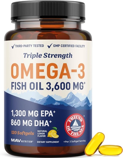 [BRSWKHALC4BREE3P] Triple Strength DHA Omega 3 Fish Oil 3600 mg | Over 2100mg Omega-3 Fatty Acids with 860mg of DHA | 1300mg EPA | Best Essential Fatty Acids | Premium Wild Caught & Burpless Fish Oil | 120 ct.
