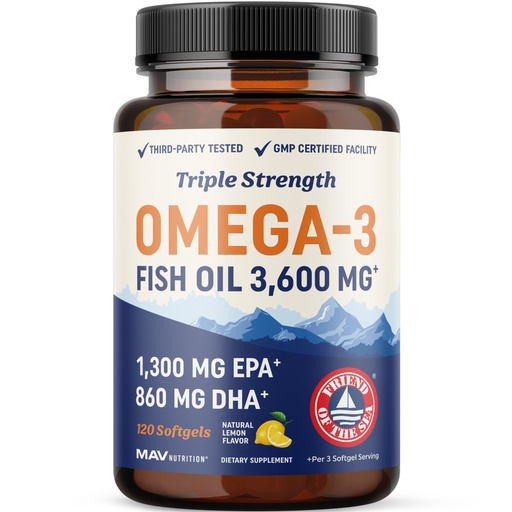 [BRSWKHALC4BREE3P] Triple Strength Omega 3 Fish Oil 3600 mg | EPA & DHA | Over 2100mg Omega-3 Fatty Acids | 1300mg EPA + 860mg DHA | Best Essential Fatty Acids | Premium Wild Caught & Burpless Fish Oil | 120 Ct