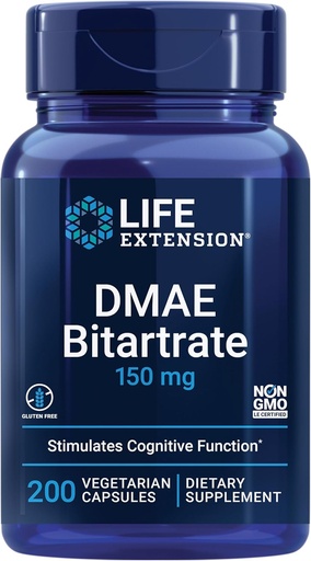 [BRSWIEATOYAQMFY7] Extensión de vida DMAE Bitartrate, soporta la producción de neurotransmisores, 6 meses de suministro, libre de gluten, no transgénico, vegetariano, 200 cápsulas