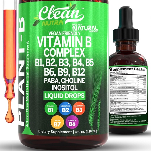[BRSRAGL5DMIB4GT7] Vitamin B Complex Liquid Drops | Thiamine B1, B6, B2, B3, B4, B5, B7 B9, B12, Niacinamide, Paba, Choline Inositol Taurine Probiotics Beet Root Spirulina - Plant-B Vitamin Supplements by Clean Nutra