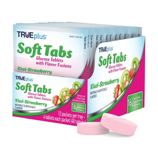 [BRSWGFI3AANGMADK] TRUEplus Soft Tabs Glucose Tablets, Chewable, Kiwi Strawberry Flavor, 16g Fast-Acting Carbohydrates, Fat Free, Gluten Free, Boost Energy, 4 Count, 12 Packs