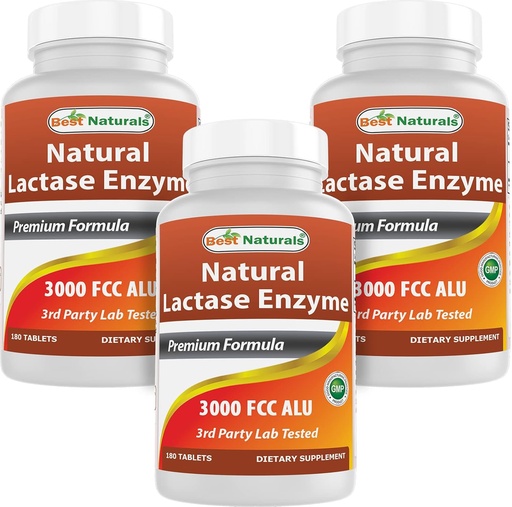 [BRSRMYYOAV7GC2DB] Best Naturals, Fast Acting Lactase Enzyme, 3000 FCC ALU, 180 tablettia (180 tablettia (pakkaus 3)