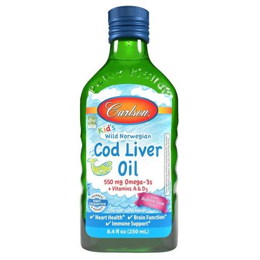 [BRSWI2QRAAGWCADM] Carlson - Kid's Cod Liver Oil, 550 mg Omega-3s, Vitamins A & D3, Wild Norwegian, Bubble Gum, 250 mL