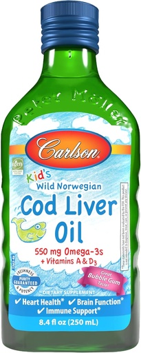 [BRSWI2QRAAGWCADM] Carlson - Kid's Cod Liver Oil, 550 mg Omega-3s, vitaminer A & D3, Wild Norwegian, Bubble Gum, 250 ml