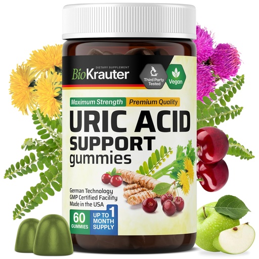 [BRSRMEIDPJ5QGA3U] BIO KRAUTER® 7-in-1 Uric Acid Supplement - Tart Cherry, Chanca Piedra, Cranberry, Celery Seed - Natural Kidney Supplement with Milk Thistle and Turmeric - 60 Uric Acid Gummies, 30-Day Supply