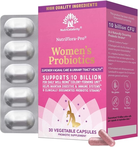 [BRSWYYI5AB5RUG3L] NutriCelebrity NutriFlora-Pro Probiotics for Women - Support Vaginal, Urinary Health (UTI), Digestive System, Period Pain, Yeast, and BV Relief, Cranberry Pills, 10 Billion CFU 6 Strains (30 Caps)