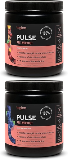 [BRSROYA5DMCQG3D7] LEGION Pulse Pre Treino Suplemento - Todos os óxidos nátricos naturais Pré-treino bebida para aumentar a energia, Creatina livre, naturalmente adoçado, Beta Alanine, Citrulina, Alpha GPC (Fruit Punch & Framboesa Azul)
