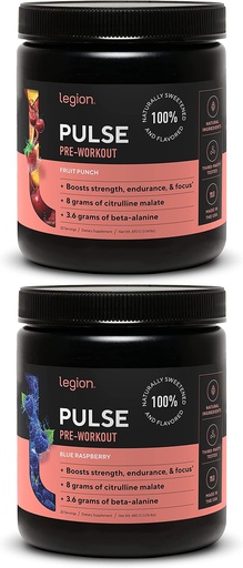 [BRSROYA5DMCQG3D7] LEGION Pulse Pre Workout Supplement - All Natural Nitric Oxide Preworkout Drink to Boost Energy, Creatine Free, Naturally Sweetened, Beta Alanine, Citrulline, Alpha GPC (Fruit Punch & Blue Raspberry)