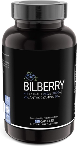 [BRSWKGANCAPBCEDG] SYMNUTRITION Bilberry Extract 1000mg, 25% Anthocyanins 50mg - 120 Count (V-Capsules) / 120 Servings; European Blueberry: Manufactured in a cGMP-Registered Facility in USA; Vegan & Gluten Free
