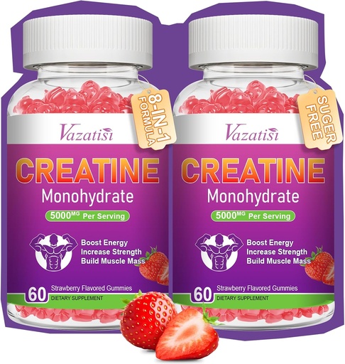 [BRSROBT4DJ5BUELD] 2 Pack Creatine Monohydrate Gummies for Women & Men, Sugar Free Vegan Creatine Supplement for Build Muscles, Increase Energy & Strength, Natural Strawberry Flavor, 120 Count