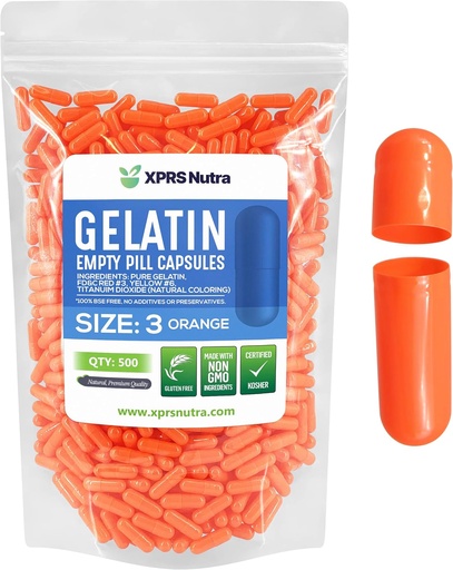 [BRSWY2QKBV4AAFAZ] XPRS Nutra Size 3 Empty Capsules - 500 Count Empty Gelatin Capsules - Pills DIY Capsule Filling - Pure Bovine Pill Gel Caps for Do-It-Yourself Supplements (Orange)
