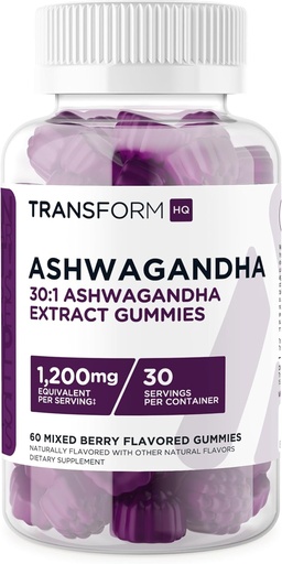 [BRSROFQDABYRQHTO] TransformHQ Ashwagandha Gummies 1,200mg, 60 Gummies (Mixed Berry Flavor) - Ashwagandha Herbal Extract Supplement - 30 Servings, Gluten Free, Non-GMO