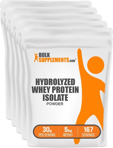 [BRSWKYAMAAIR2G3C] BulkSupplements.com Hydrolyzed Whey Protein Isolate Powder - Clear Whey Isolate Protein - Unflavored & Gluten Free, 30g per Serving, 1kg (Pack of 5) (11 lbs)