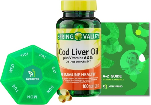 [BRSROAQQCACWOEI4] Spring Valley Cod Liver Oil Plus Vitamins A & D3, 100 softgels, Support Eye Function and a Healthy, Bundle with Vitamins & Minerals Ligth&Spring Guide