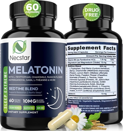[BRSROFLROUJWACL2] Necstar Melatonin 10mg, Sleep Aid for Adults, Extra Strength with Ashwagandha, Magnesium, L-Theanine, GABA, Lemon Balm and Chamomile Sleep Support Supplement, Vegan, Non-GMO, Gluten-Free, 60 cápsulas