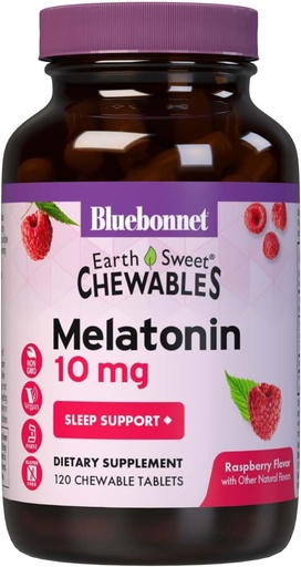 [BRSROFQTC4GWC3Y4] BlueBonnet Nutrition EarthSweet Melatonin 10 mg veloce dissolvere la notte di rilassamento e sonno riposante - Sleep Aid - Gluten-Free, Vegan - Raspberry Flavor - 120 compresse masticabili