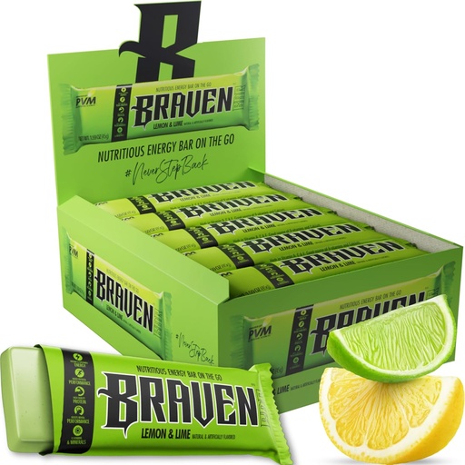 [BRSROYAZBYGQIYAU] Braven Bar Lemon Lime Energy Bars (1.59 oz, Pack of 20) – Energy Chews with 5g Protein – On-the-Go Energy Snacks for Running, Hiking, and Sports - Gluten Free Snacks for Sustained Energy Boost