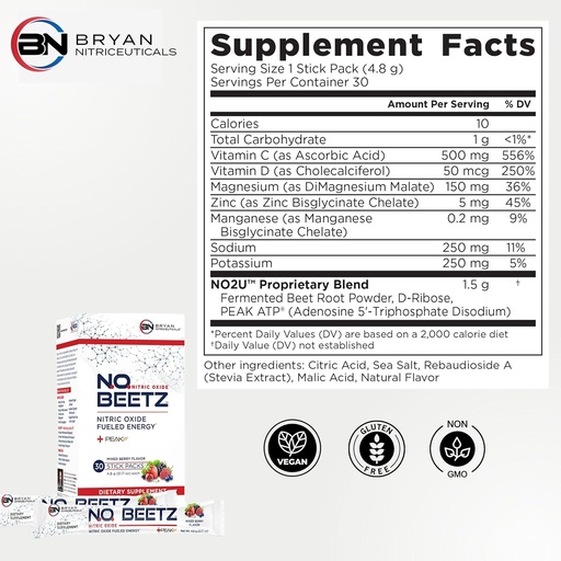 [BRSRMBQ5DF7QY2TA] N.O. Beetz Nitric Oxide Fueled Energy Boost Supplement, Hydration & Cellular Energy Production Enhancer, Blend of Vitamins and Minerals (30 Servings)
