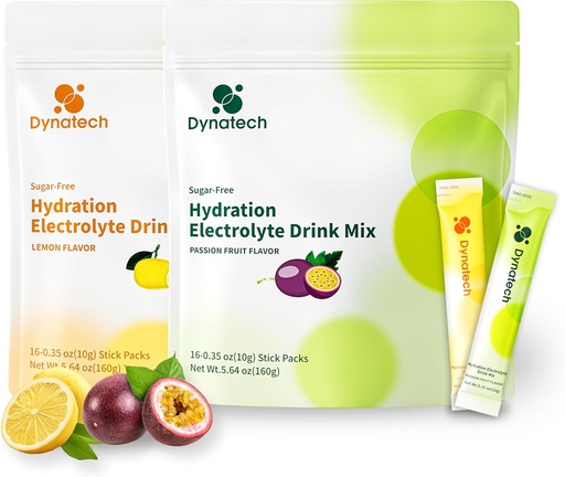 [BRSRAGDRBMAWYCTB] Dynatech Zero Sugar Electrolyte Drink Mix - Lemon，Passion Fruit - Hydration Powder Packets with 10 Electrolytes & Vitamins | Non-GMO, Gluten Free, Vegan Electrolytes Powder Packets | 32 Servings