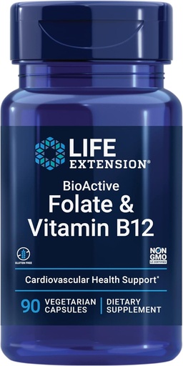 [BRSWK2YQAQBRQF3A] Подовження життя BioActive Folate & Вітамін B12, Сприяє серце, мозок & GI Трак здоров'я, Non-GMO, Глютен-Free, Вегетаріанська, 90 капсул