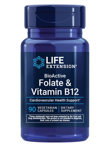 [BRSWK2YQAQBRQF3A] Life Extension BioActive Folate & Vitamin B12, Promotes Heart, Brain & GI Tract Health, Non-GMO, Gluten-Free, Vegetarian, 90 Capsules