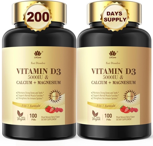 [BRSRAEL7BN5QYADA] Fast Dissolve Vitamin D3 5000IU with Calcium & Magnesium - for Quick Nutrient Absorption-Sugar Free Chewable Supplement for Bones Strength, Teeth, Muscle, Immune Health,200 Fast Melt Tablets