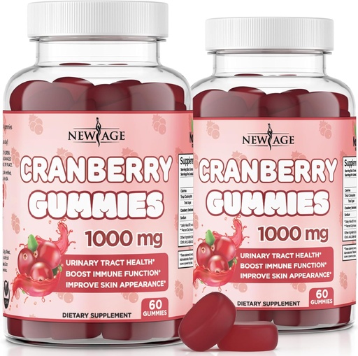[BRSWYAT2C4PWMCLV] NEW AGE Cranberry Gummies Urinary Tract Health Gummies 1000mg - Supports Bladder, Kidney, UTI - Vegetarian (Cranberry 120 Count)