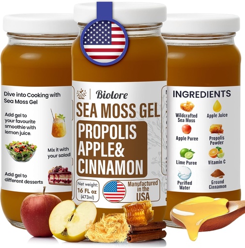 [BRSROGAHDENRAEI3] Biolore Wildcrafted Sea Moss Gel with Propolis - Apple & Cinnamon 16 oz - Flavored Sea Moss Gel with Essential Vitamins & Trace Minerals - Vegan Superfood - Made in USA, Gluten-Free, No Added Sugar