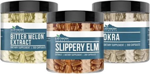 [BRSROED6OB7BYETZ] Earthborn Elements Slippery Elm, Okra, & Bitter Melon Capsule Bundle (200 Capsules Each), Pure & Undiluted, No Additives