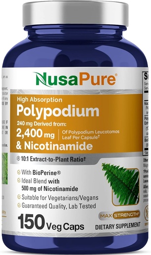 [BRSROGQNO57B4HY4] NusaPure Polypodium Nicotinamide 10:1 Extract, 240 mg Еквивалентно на 2,400 mg на Veg Caps - 150 Count (Non- GMO, Soyfree, Bioperine)